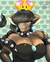 Size: 1300x1600 | Tagged: anthro, artist:kitsunehino, big breasts, bowsette, bracelet, breasts, choker, cleavage, clothes, commission, crown, derpibooru import, digital art, dress, fangs, female, hair over one eye, huge breasts, jewelry, minotaur, oc, oc:melody strumvine, regalia, safe, signature, smiling, solo, spiked choker, spiked wristband, super crown, wristband, ych result