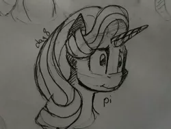 Size: 1030x773 | Tagged: safe, artist:post-it, derpibooru import, starlight glimmer, pony, unicorn, bust, female, ink drawing, inktober, mare, monochrome, simple background, sketch, smiling, solo, traditional art, white background