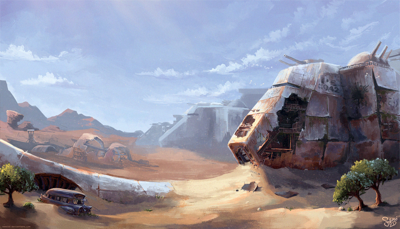 Size: 2000x1144 | Tagged: airship, artist:nemo2d, background, cloud, cloudship, derpibooru import, desert, enclave, enclave raptor, environment art, fallout equestria, fallout equestria: red 36, fanfic art, grand pegasus enclave, new appleloosa, no pony, post-apocalyptic, raptor battleship, safe, scenery, sky, tree, wreckage