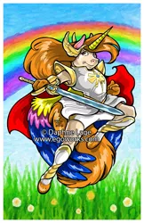 Size: 600x927 | Tagged: anthro, armor, artist:daphnelage, boots, cape, clothes, crossover, derpibooru import, field, gloves, leaping, mashup, obtrusive watermark, oc, rainbow, safe, she-ra, shoes, smiling, sword, unofficial characters only, watermark, weapon