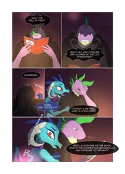 Size: 1024x1426 | Tagged: adult, adult spike, artist:gashiboka, belly shirt, book, cloak, clothes, comic, comic:the origin, derpibooru import, dragon, female, midriff, older, older spike, princess ember, safe, shoulderless, spike