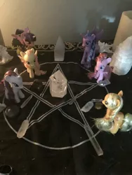 Size: 3024x4032 | Tagged: alicorn, altar, applejack, brushable, crystal, derpibooru import, fluttershy, pagan, pentagram, pinkie pie, pirate twilight, rarity, ritual, safe, toy, twilight sparkle, twilight sparkle (alicorn), wicca