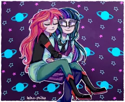 Size: 1152x936 | Tagged: safe, artist:lelka-philka, derpibooru import, sci-twi, sunset shimmer, twilight sparkle, equestria girls, clothes, crystal prep academy uniform, eyes closed, female, glasses, jacket, leather jacket, lesbian, school uniform, scitwishimmer, shipping, sunsetsparkle