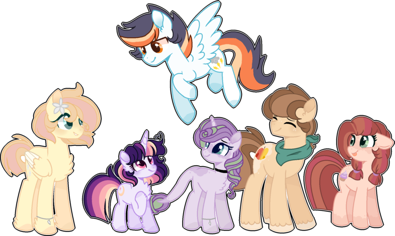 Size: 2196x1315 | Tagged: safe, artist:moon-rose-rosie, derpibooru import, oc, oc:celestial moon, oc:chocolate sprinkles, oc:crystal flame, oc:golden apple, oc:magnolia, oc:shining ray, unofficial characters only, dracony, dragon, earth pony, hybrid, pegasus, pony, unicorn, female, interspecies offspring, magical lesbian spawn, male, mare, offspring, parent:applejack, parent:bulk biceps, parent:caramel, parent:cheese sandwich, parent:fluttershy, parent:pinkie pie, parent:rainbow dash, parent:rarity, parent:soarin', parent:spike, parent:spitfire, parent:twilight sparkle, parents:carajack, parents:cheesepie, parents:flutterbulk, parents:soarinfire, parents:sparity, parents:twidash, simple background, size difference, stallion, transparent background