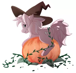 Size: 1219x1172 | Tagged: artist:pachadraws, derpibooru import, hat, nightmare night, oc, oc:marshmallow fluff, pumpkin, safe, solo, unofficial characters only, witch hat