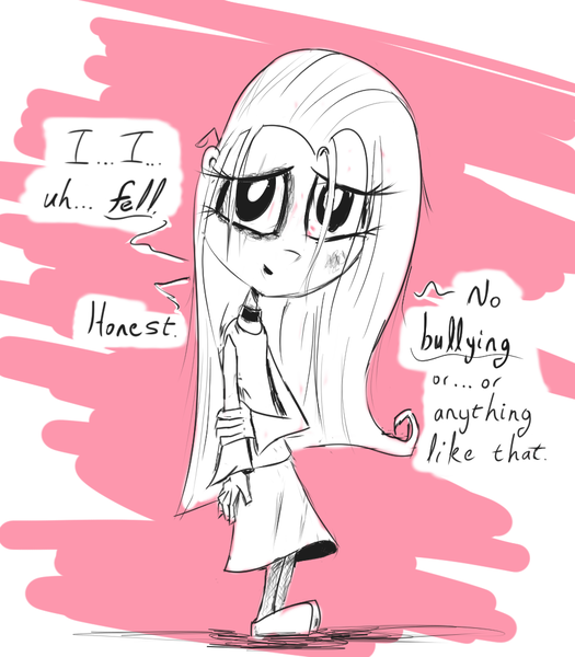 Size: 884x1010 | Tagged: abuse, adoracreepy, artist:chopsticks, black eye, blatant lies, bruised, bully, bullying, child, choker, clothes, creepy, cute, derpibooru import, dialogue, flutterbuse, fluttershy, human, lies, looking at you, sad, semi-grimdark, sketch, skirt, solo, stray strand, wimp