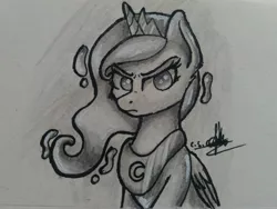 Size: 4128x3096 | Tagged: safe, artist:ironbeastz, derpibooru import, princess luna, pony, bust, monochrome, portrait, solo, traditional art