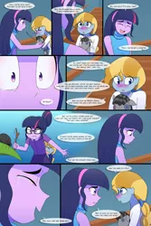 Size: 1280x1920 | Tagged: safe, artist:jase1505, artist:verumtee, deleted from derpibooru, derpibooru import, sci-twi, twilight sparkle, oc, oc:stargazer lily, spider, comic:confessions, series:sunlight horizons, equestria girls, comic, crying, female, half-siblings, offspring, parent:night light, parent:pear butter, parents:pearlight, protecting, scared, shaking, siblings, sick, sisters, smiling, stick, sweat