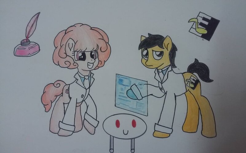 Size: 1131x707 | Tagged: safe, artist:twilightlsparkle, derpibooru import, oc, oc:dr.pink ink, oc:piano symphony, earth pony, pony, robot, unicorn, clothes, colored pencil drawing, crossover, female, lobotomy corporation, male, mare, paper, scientist, simple background, smiling, stallion, suit, tied, traditional art, unicorn corporation, white background, white coat