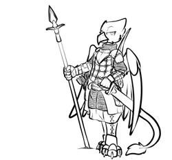 Size: 798x742 | Tagged: safe, artist:cantershirecommons, derpibooru import, oc, oc:argyle, unofficial characters only, gryphon, armor, arrows, bipedal, bow, chainmail, looking at you, male, monochrome, quiver, solo, spear, sword, weapon