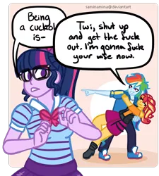 Size: 650x722 | Tagged: suggestive, artist:saminamina, derpibooru import, rainbow dash, sci-twi, sunset shimmer, twilight sparkle, equestria girls, equestria girls series, bowtie, clothes, converse, cuckolding, cuckquean, dialogue, female, glasses, implied infidelity, implied lesbian, implied scitwishimmer, implied sex, implied shipping, jacket, lesbian, ohjoysextoy, parody, pointing, scitwishimmer, shipping, shipping denied, shoes, sneakers, speech bubble, sunsetdash, sunsetsparkle, vulgar