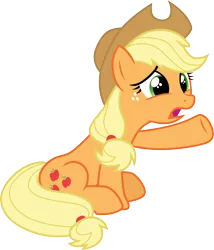 Size: 3000x3497 | Tagged: safe, artist:cloudyglow, artist:yanoda, derpibooru import, applejack, earth pony, pony, non-compete clause, .ai available, cowboy hat, cute, female, freckles, hat, open mouth, pointing, reaching out, sad, sadorable, simple background, sitting, solo, stetson, transparent background, unhapplejack, vector