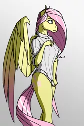 Size: 2248x3336 | Tagged: suggestive, artist:akweer, derpibooru import, fluttershy, anthro, bat pony, pegasus, bottomless, breasts, busty fluttershy, clothes, covering, female, flutterbat, gradient background, hoers, mare, partial nudity, race swap, shirt, shirt pull, simple background, solo, solo female, sweater, sweatershy, white background, wings