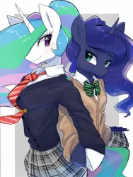 Size: 1536x2048 | Tagged: alicorn, anthro, artist:30clock, blushing, bowtie, cardigan, clothes, cute, derpibooru import, duo, female, holding hooves, horn, looking at each other, looking back, mare, moe, necktie, plaid skirt, pleated skirt, princess celestia, princess luna, royal sisters, safe, school uniform, semi-anthro, skirt