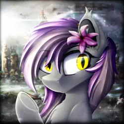 Size: 2000x2000 | Tagged: safe, artist:thefunnysmile, derpibooru import, oc, oc:umbra tempestas, unofficial characters only, bat pony, blurry, boston, bust, commission, fallout, fallout 4, flower, lens flare, looking away, ocean, portrait, prydwen, solo