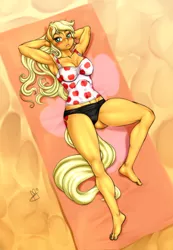 Size: 831x1200 | Tagged: anthro, applebucking thighs, applejack, arm behind head, armpits, artist:pia-sama, barefoot, beach towel, body freckles, breasts, busty applejack, derpibooru import, feet, female, freckles, legs, looking at you, muscles, muscular female, plantigrade anthro, solo, solo female, suggestive, tanning, thighs, toes, toned, toned female, underass
