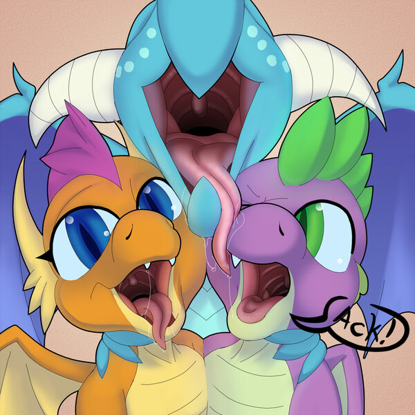 Size: 1280x1280 | Tagged: suggestive, artist:riasiru, derpibooru import, princess ember, smolder, spike, dragon, season 8, spoiler:s08, dragoness, female, fetish, male, mawshot, open mouth, patreon, patreon logo, simple background, tongue out, trio, winged spike