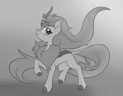 Size: 1503x1182 | Tagged: artist:dusthiel, autumn blaze, cloven hooves, derpibooru import, female, gradient background, grayscale, kirin, monochrome, quadrupedal, safe, simple background, smiling, solo, sounds of silence