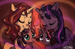 Size: 1080x704 | Tagged: safe, artist:wizong, derpibooru import, sunset shimmer, twilight sparkle, twilight sparkle (alicorn), oc, alicorn, cute, eyes closed, female, horn, horns are touching, lesbian, magical lesbian spawn, mother and child, mother and daughter, offspring, parent:sunset shimmer, parent:twilight sparkle, parents:sunsetsparkle, shipping, sunsetsparkle