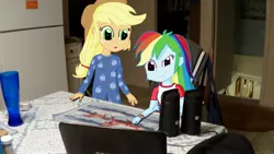 Size: 2350x1321 | Tagged: safe, artist:thomaszoey3000, derpibooru import, applejack, rainbow dash, equestria girls, clothes, computer, equestria girls in real life, irl, laptop computer, pajamas, photo, sleepover, speakers, table, thomaszoey3000