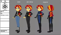 Size: 3244x1881 | Tagged: safe, artist:invisibleink, derpibooru import, sunset shimmer, fanfic, equestria girls, alternate hairstyle, bodysuit, boots, catsuit, clothes, devious, devious face, fanfic art, fingerless gloves, gloves, human sunset, jacket, jeans, long hair, pants, ponytail, reference sheet, serious, serious face, shirt, shoes, show accurate, smiling, smirk, spy suit