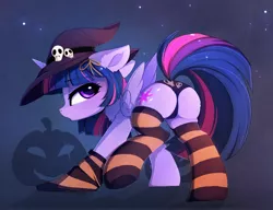 Size: 1600x1231 | Tagged: suggestive, artist:magnaluna, derpibooru import, twilight sparkle, twilight sparkle (alicorn), alicorn, pony, adorasexy, blushing, butt, clothes, cute, female, floppy ears, halloween, hat, holiday, kneesocks, looking back, mare, panties, plot, sexy, socks, solo, striped socks, stupid sexy twilight, thigh highs, twibutt, underwear, witch hat