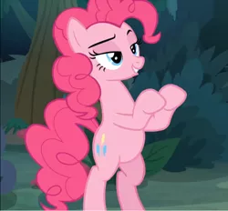 Size: 758x702 | Tagged: safe, derpibooru import, screencap, pinkie pie, earth pony, pony, the mean 6, air quotes, bipedal, cropped, everfree forest, female, lidded eyes, mare, raised eyebrow, smiling, smug, solo