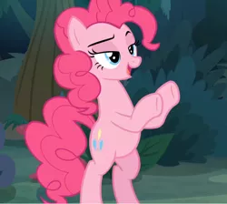 Size: 782x702 | Tagged: safe, derpibooru import, screencap, pinkie pie, earth pony, pony, the mean 6, bipedal, cropped, everfree forest, female, lidded eyes, mare, open mouth, raised eyebrow, smug, solo