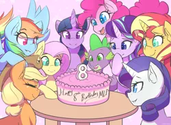 Size: 1200x880 | Tagged: safe, artist:thebatfang, derpibooru import, applejack, fluttershy, pinkie pie, rainbow dash, rarity, spike, starlight glimmer, sunset shimmer, twilight sparkle, twilight sparkle (alicorn), alicorn, dragon, earth pony, pegasus, pony, unicorn, abstract background, anniversary, cake, cowboy hat, eyes closed, female, food, freckles, happy birthday mlp:fim, hat, male, mane seven, mane six, mare, mlp fim's eighth anniversary, open mouth, smiling, table