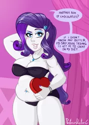 Size: 800x1125 | Tagged: suggestive, artist:professordoctorc, derpibooru import, rarity, equestria girls, belly, belly button, big belly, blushing, box of chocolates, breasts, busty rarity, chocolates, chubby, clothes, diet, female, heart, jewelry, lingerarity, lingerie, looking at you, makeup, nail polish, necklace, rarithighs, solo, solo female, talking to viewer, thick, thighs, thunder thighs