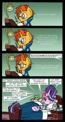 Size: 1896x3507 | Tagged: safe, artist:bobthedalek, derpibooru import, starlight glimmer, sunburst, pony, bed, clothes, comic, cup, deadpan snarker, desk, female, green background, implied princess cadance, implied princess flurry heart, kite, letter, male, messy mane, misspelling, pajamas, quill, red nosed, shipping, sick, simple background, starburst, straight, sunburst is not amused, teacup, teapot, that pony sure does love kites, unamused, whining, writing