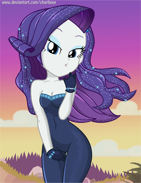 Size: 489x637 | Tagged: safe, artist:charliexe, derpibooru import, rarity, equestria girls, equestria girls series, the other side, bare shoulders, beautiful, beautisexy, bedroom eyes, blowing a kiss, breasts, cleavage, clothes, fabulous, female, gloves, lidded eyes, looking at you, misleading thumbnail, sexy, sleeveless, solo, strapless, stupid sexy rarity, underass, unitard