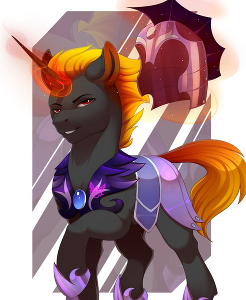 Size: 1280x1562 | Tagged: safe, artist:evehly, derpibooru import, oc, oc:shadowed ember, unofficial characters only, pony, unicorn, armor, glowing horn, helmet, horn, magic, male, night guard, solo, stallion