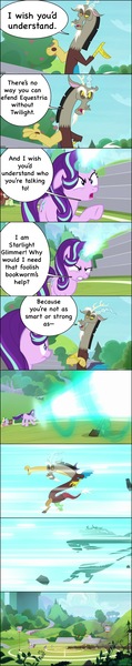 Size: 604x3053 | Tagged: safe, derpibooru import, edit, edited screencap, screencap, discord, sandbar, silverstream, starlight glimmer, twilight sparkle, yona, pony, a matter of principals, angry, background pony, blast, buckball court, comic, crater, dragonball z abridged, future trunks, implied death, magic, magic blast, screencap comic, smug, team four star, twilight button, vegeta