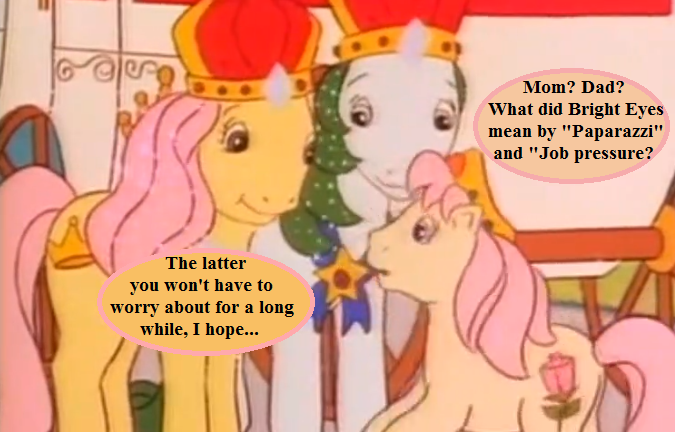 Size: 675x432 | Tagged: cropped, crown, derpibooru import, dialogue, edit, edited screencap, g1, implied bright eyes, jewelry, king of the isle of pony, my little pony tales, princess problems, punctuation error, queen of the isle of pony, reality ensues, regalia, rosy, royalty, safe, screencap, speech bubble