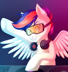 Size: 2497x2654 | Tagged: safe, artist:starshade, derpibooru import, oc, oc:zephyr leaf, unofficial characters only, pegasus, pony, chest fluff, commission, dj booth, goggles, gritted teeth, headphones, looking at you, male, raised hoof, smiling, smirk, solo, stallion, wings, ych result