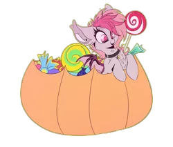 Size: 1999x1700 | Tagged: safe, artist:hagallaz, derpibooru import, oc, oc:candy quartz, unofficial characters only, bat pony, pony, bat pony oc, bat wings, candy, chest fluff, collar, commission, cute, ear piercing, female, fluffy, food, halloween, happy, holiday, lollipop, piercing, pumpkin, pumpkin bucket, shaved mane, simple background, smiling, solo, transparent background, weapons-grade cute, wings, ych result