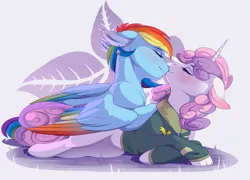Size: 2248x1621 | Tagged: safe, artist:evehly, derpibooru import, rainbow dash, sweetie belle, pegasus, pony, unicorn, alternate hairstyle, bomber jacket, clothes, commission, ear piercing, earring, eyes closed, female, jacket, jewelry, kissing, lesbian, mare, nose kiss, older, older sweetie belle, piercing, shipping, smiling, snuggling, sweetiedash