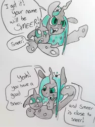 Size: 1497x1993 | Tagged: artist:smirk, baby, changeling, changeling queen, crown, cute, cutealis, cuteling, derpibooru import, dialogue, duo, female, jewelry, mommy chrissy, mother and child, nymph, oc, parent:queen chrysalis, queen chrysalis, regalia, safe, simple background, traditional art, white background