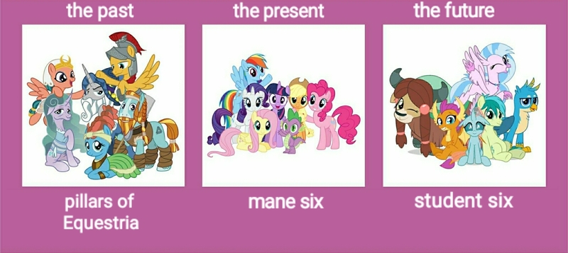 Size: 2026x904 | Tagged: safe, derpibooru import, applejack, flash magnus, fluttershy, gallus, meadowbrook, mistmane, ocellus, pinkie pie, rainbow dash, rarity, rockhoof, sandbar, silverstream, smolder, somnambula, spike, star swirl the bearded, twilight sparkle, twilight sparkle (alicorn), yona, alicorn, changedling, changeling, classical hippogriff, dragon, earth pony, gryphon, hippogriff, pegasus, pony, unicorn, yak, season 7, season 8, spoiler:s08, beard, braid, clothes, cloven hooves, comparison, dragoness, ethereal mane, facial hair, female, helmet, male, mane six, mare, moustache, pillars of equestria, simple background, stallion, student six, time, white background