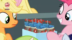 Size: 1920x1080 | Tagged: safe, derpibooru import, screencap, applejack, fluttershy, moonlight raven, pinkie pie, earth pony, pegasus, pony, unicorn, season 8, the washouts (episode), spoiler:s08, "scootaloo's super-difficult stunt" special cupcakes, bake it like buddy, cupcake, cute, diapinkes, discovery family logo, female, food, frosting, grin, hoof hold, scooter, smiling