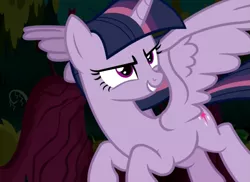 Size: 957x696 | Tagged: safe, derpibooru import, screencap, mean twilight sparkle, alicorn, pony, the mean 6, clone, cropped, evil grin, female, flying, grin, mare, scary face, scheming, sinister, smiling, solo, spread wings, wings