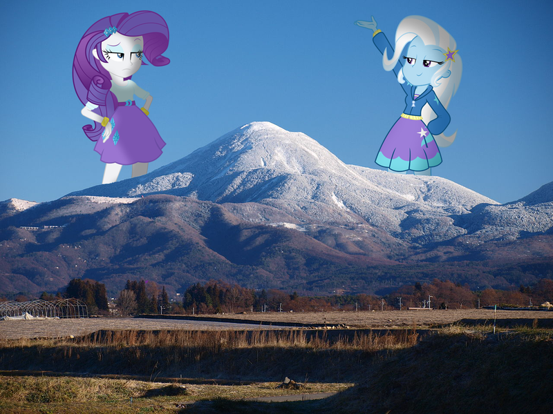 Size: 1280x960 | Tagged: safe, artist:randincy, artist:sketchmcreations, artist:somerandomminion, derpibooru import, rarity, trixie, equestria girls, female, giantess, macro, mountain, photoshop, rarity is not amused, unamused, vector