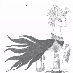 Size: 1024x1024 | Tagged: safe, artist:pennywise33, derpibooru import, oc, oc:summer blaze, pony, unicorn, armor, beautiful, cape, clothes, curved horn, eyeshadow, horn, makeup, monochrome, pencil drawing, solo, tattered, traditional art