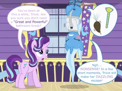 Size: 8000x6000 | Tagged: safe, alternate version, artist:ithinkitsdivine, derpibooru import, starlight glimmer, trixie, pony, unicorn, absurd resolution, bladder gauge, blushing, bondage, butt, chains, desperation, dialogue, duo, duo female, eyes closed, female, fetish, gritted teeth, hanging, hanging upside down, icing bag, imminent scat, imminent watersports, need to pee, need to poop, omorashi, plot, potty emergency, potty time, show accurate, straitjacket, suspended, sweat, this will end in tears, tied up, trixie's wagon, upside down