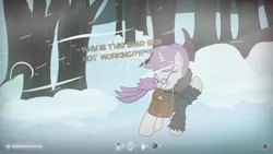 Size: 1920x1080 | Tagged: safe, artist:darkstorm619, derpibooru import, oc, oc:snappy edit, unofficial characters only, pony, bag, blizzard, clothes, dialogue, game hud, glasses, hud, saddle bag, simple background, snow, snowfall, solo, the long dark