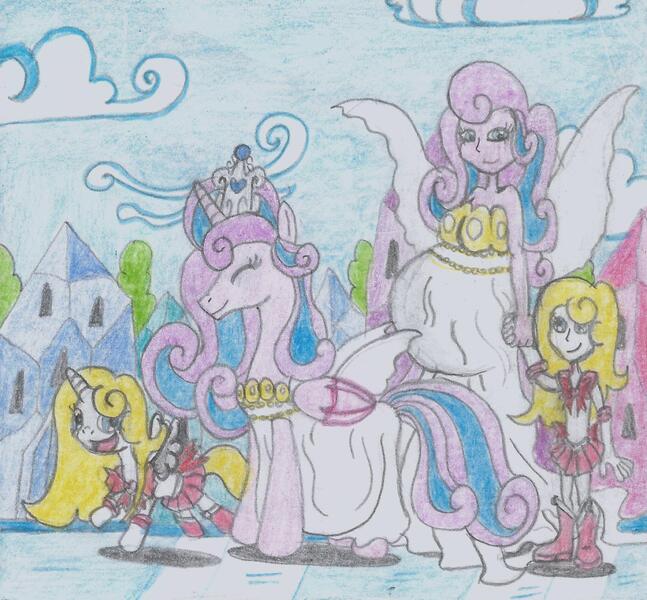 Size: 1438x1333 | Tagged: safe, artist:nephilim rider, derpibooru import, princess flurry heart, oc, alicorn, pony, equestria girls, alicorn oc, belly, chibiusa tsukino, child, clothes, cosplay, costume, equestria girls-ified, eyes closed, female, filly, flying, holding hands, horn, human ponidox, mama flurry, mother and child, mother and daughter, multiple pregnancy, neo queen serenity, offspring, offspring's offspring, older, older flurry heart, parent:oc:shimmering glow, parent:princess flurry heart, parents:canon x oc, pregnant, queen serenity, sailor moon, self ponidox, smiling, traditional art, wings