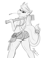 Size: 3000x4000 | Tagged: suggestive, artist:pedalspony, derpibooru import, applejack, anthro, plantigrade anthro, applejacked, axe, bedroom eyes, booty shorts, bra, clothes, denim shorts, dimples of venus, dock, fit, hammer, kinktober, kinktober2018, looking at you, looking back, monochrome, muscles, pinup, shorts, toolbelt, underwear, weapon