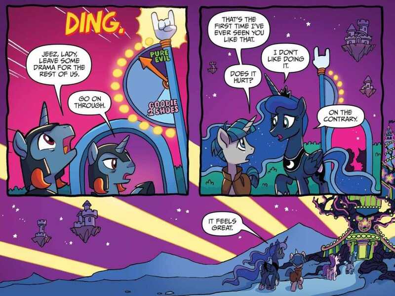 Size: 1075x805 | Tagged: safe, artist:tonyfleecs, derpibooru import, idw, princess luna, stygian, alicorn, pony, unicorn, nightmare knights, spoiler:comic, spoiler:comicnightmareknights01, comic, ethereal mane, female, floating island, helmet, horned helmet, male, mare, metal horns, official comic, stallion