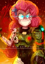 Size: 770x1090 | Tagged: semi-grimdark, suggestive, artist:the-butch-x, derpibooru import, pinkie pie, equestria girls, armor, blood, breasts, crazy face, crossover, doom, doomguy, faic, female, insanity, looking at you, marine, rip and tear, solo, strategically covered, video game crossover, wardrobe malfunction, xk-class end-of-the-world scenario